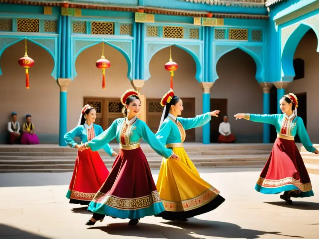 Danza tradicional de los Uigures: Bailarines Uigures danzando el Meshrep en un patio soleado, expresando orgullo cultural y unidad