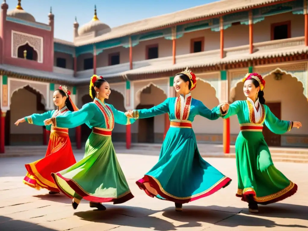 Danza tradicional de los Uigures: Grupo de bailarines vistiendo trajes vibrantes, ejecutando movimientos elegantes en un patio soleado