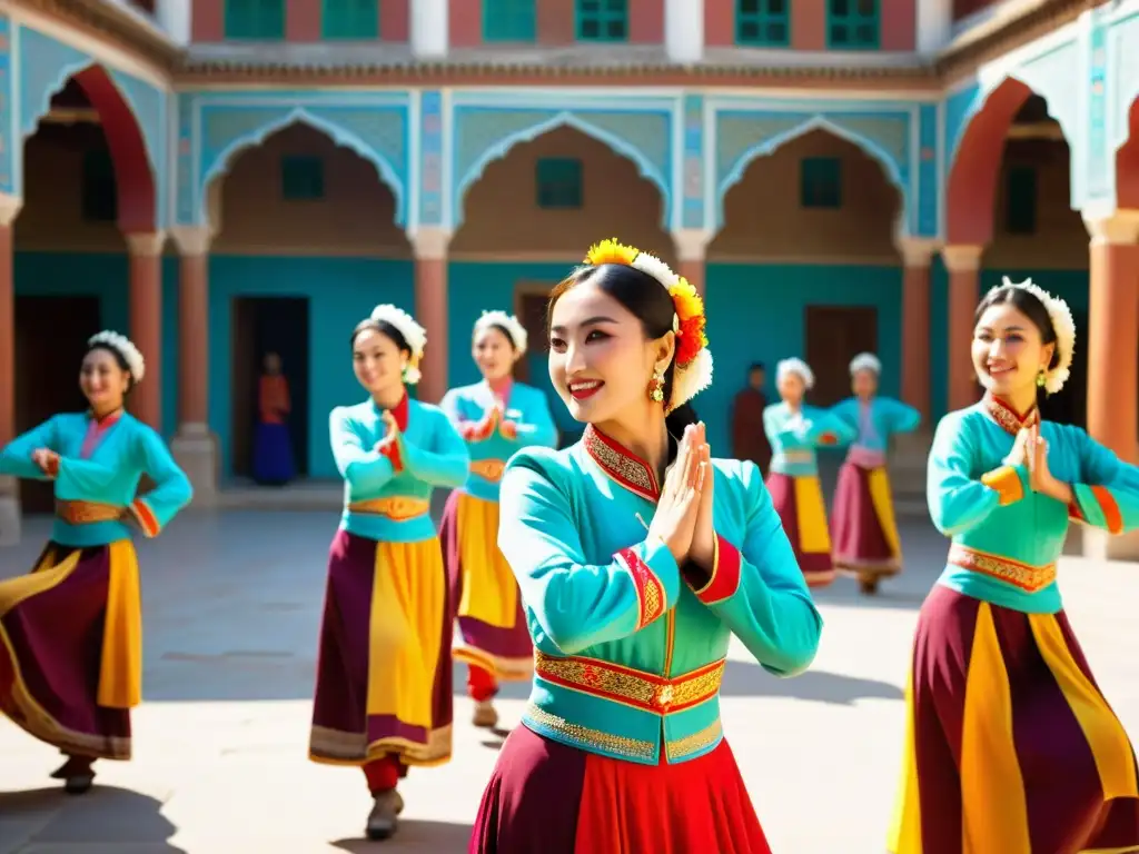 Danza tradicional de los Uigures: Grupo de bailarines Uigures realizando la danza 'Meshrep' con gracia y orgullo cultural en un patio soleado