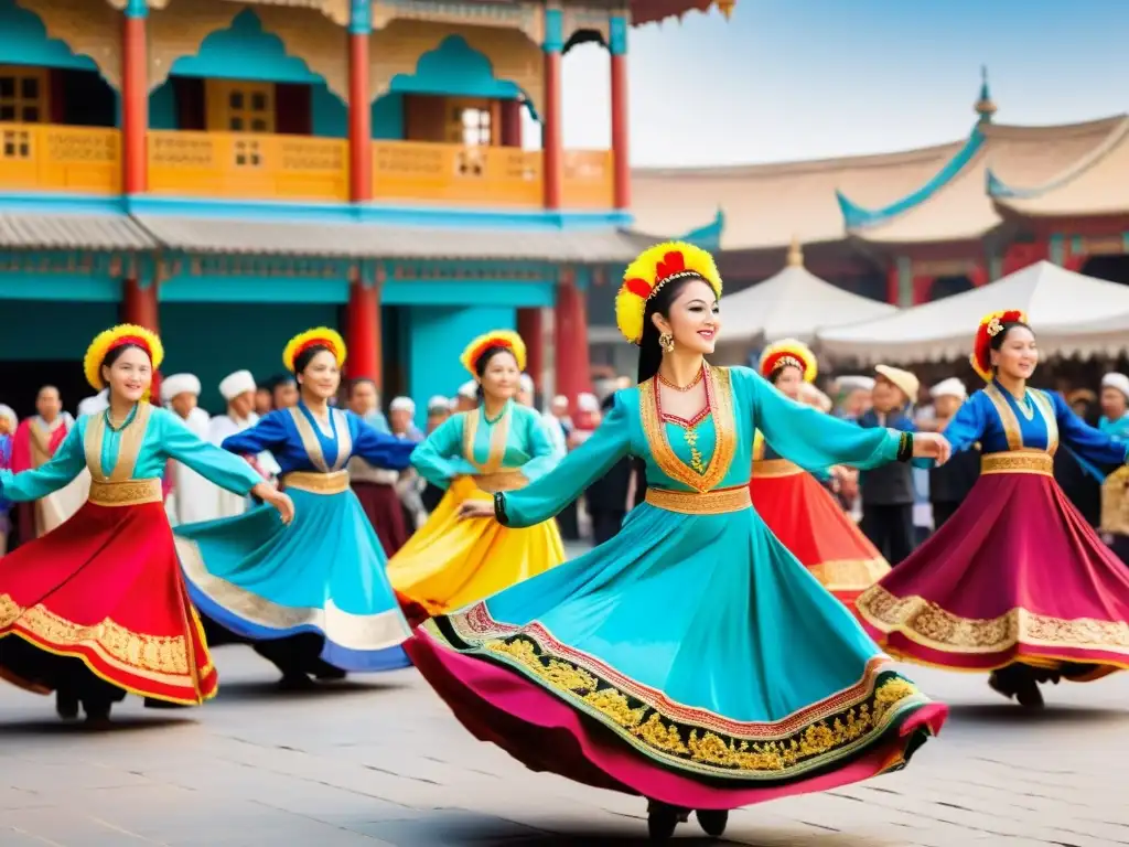 Danza tradicional de los Uigures: Grupo de bailarines en coloridos trajes tradicionales actuando en bullicioso mercado