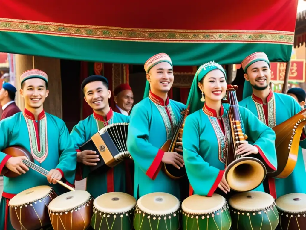 Danza tradicional de los Uigures: Músicos uigures tocan instrumentos tradicionales en un mercado bullicioso, creando una atmósfera vibrante y alegre