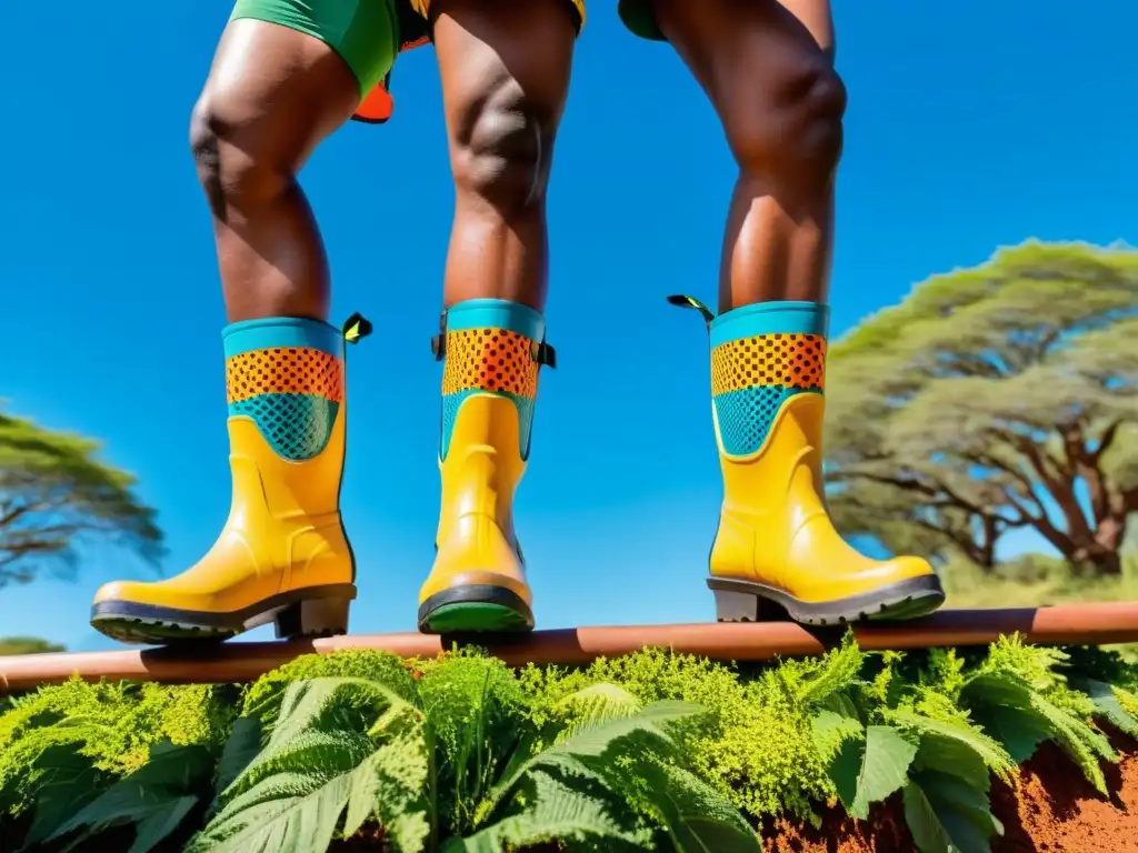 Danza tradicional de Sudáfrica con vibrantes gumboots en entorno natural exuberante