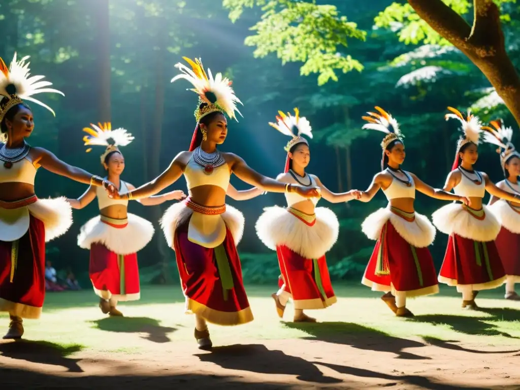 Danza ceremonial en el bosque: tradición ancestral en movimiento Danza tradicional en bosque: vibrantes trajes, movimientos gráciles, conexión espiritual y legado cultural