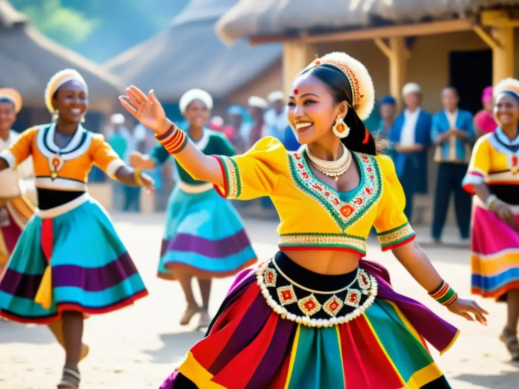 Danza tradicional con vibrantes trajes y movimientos precisos, en una plaza soleada con espectadores aplaudiendo