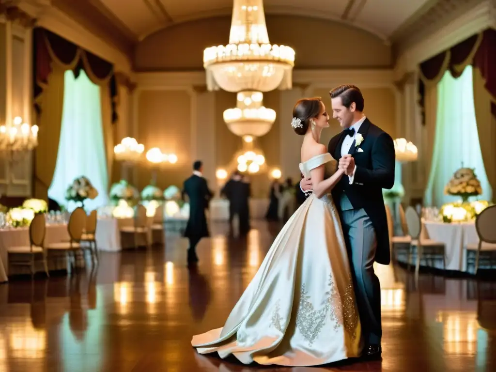 Danza tradicional victoriana: elegante salón con parejas bailando en trajes de la época, chandeliers iluminando la escena romántica