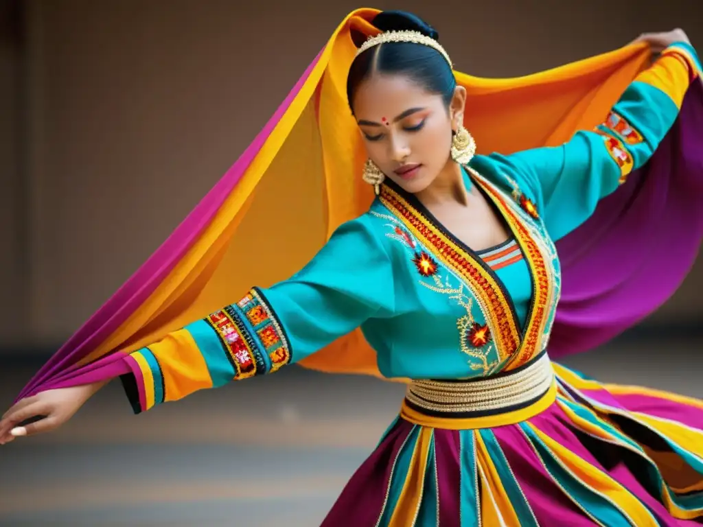 Una danza tradicional cobra vida con un textil vibrante y patrones tradicionales, destacando los intercambios textiles en danzas tradicionales