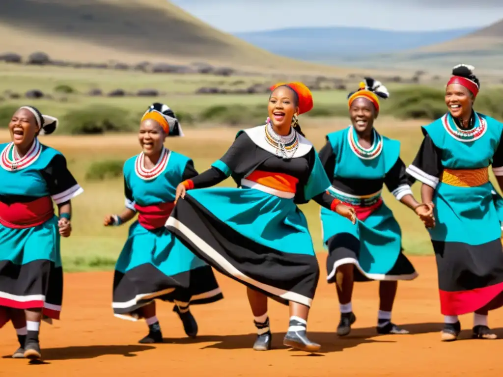 Danza tradicional Xhosa Umngqungqo significado: Grupo de bailarines Xhosa en trajes vibrantes, expresando pasión y tradición con el Umngqungqo