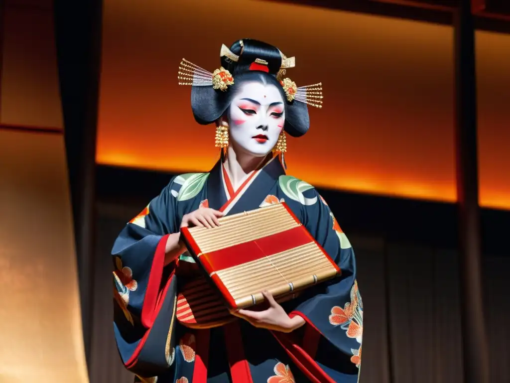 Danza del Kabuki Japón: Bailarina en traje tradicional, tocando el koto con gracia, bajo luz tenue en el escenario japonés