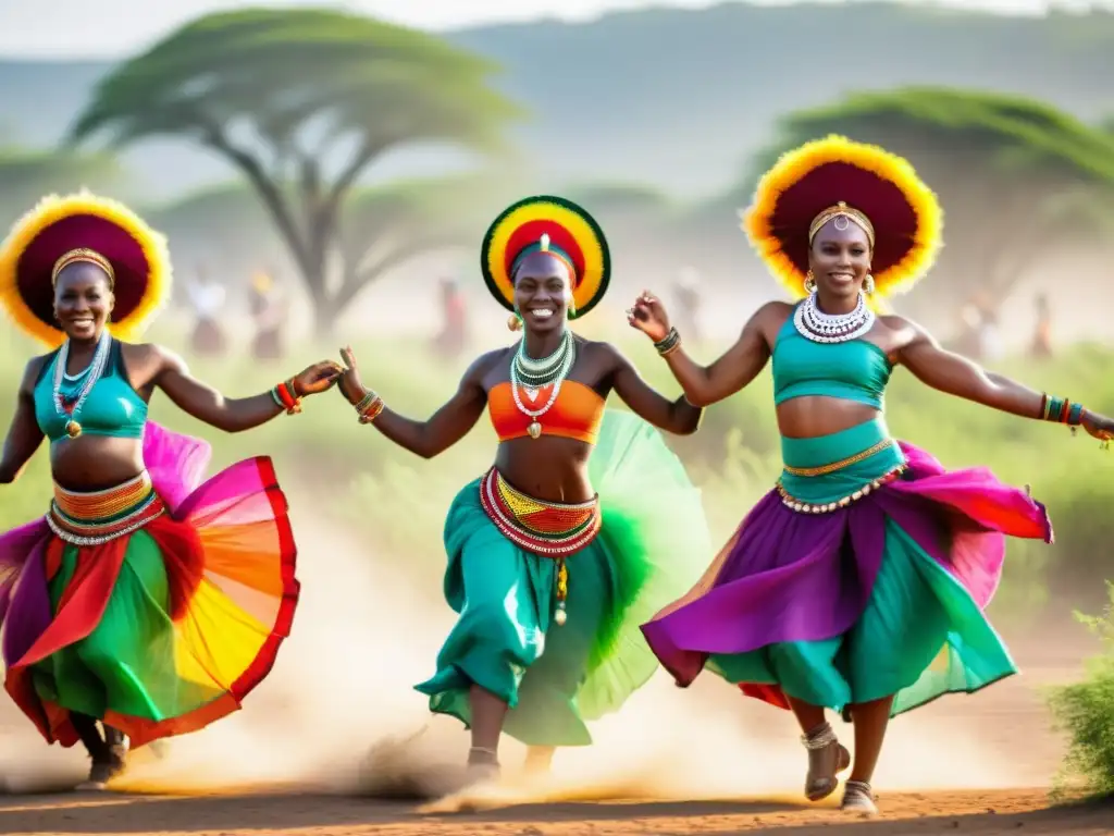 Danza tribal africana: preservación y evolución en un vibrante baile sincronizado en un campo polvoriento rodeado de exuberante vegetación