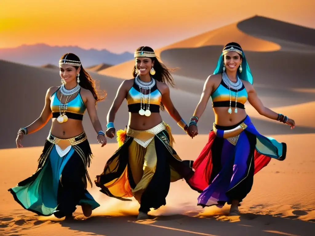 Danza tribal del Medio Oriente: Grupo de bailarines adornados con trajes vibrantes danzan en el desierto al atardecer, expresando tradición y unidad