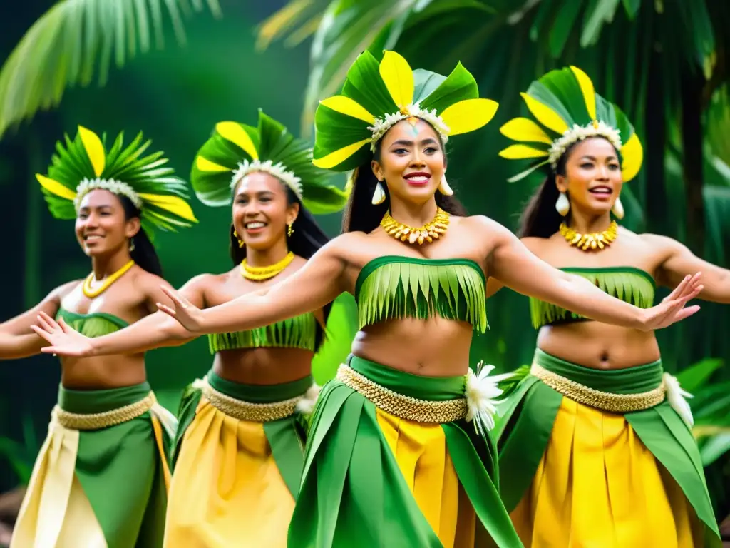 Danza Ura Pau de la Polinesia con trajes tradicionales de hojas verdes y amarillas, en un escenario tropical al atardecer