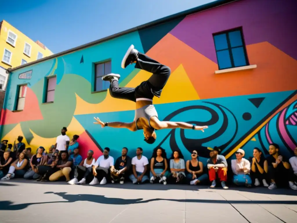 Danza urbana en los Juegos Olímpicos: Breakdancers ejecutan acrobacias en la calle, rodeados de grafitis y espectadores vibrantes