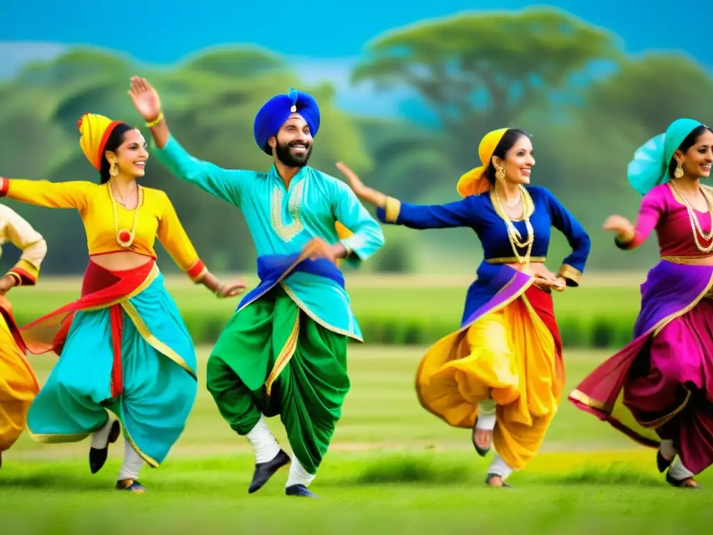 Danza Bhangra: vibrante baile tradicional Punjabi en campos verdes y cielo azul, celebrando la riqueza cultural y el significado cultural de la Danza Bhangra