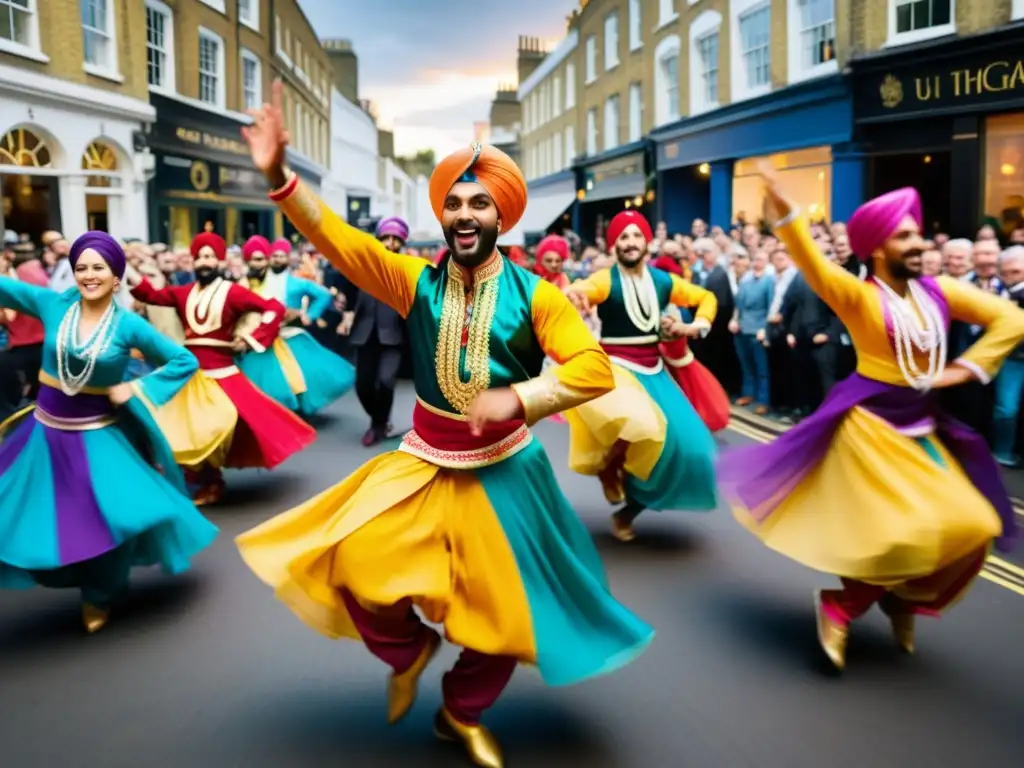 Danza Bhangra vibrante en las calles de Londres, fusionando tradición y modernidad, atrayendo a una multitud diversa