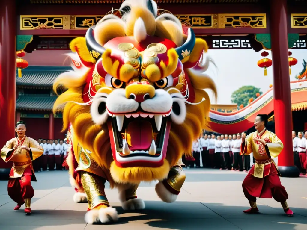 Danza del león y el dragón: Una vibrante y detallada foto capta la energía y color de una tradicional danza china en una bulliciosa calle de Chinatown