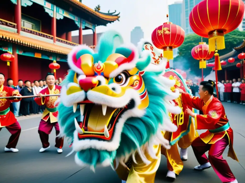 Danza del león y el dragón en vibrante festival chino: coloridos trajes, movimiento dinámico y energía cultural