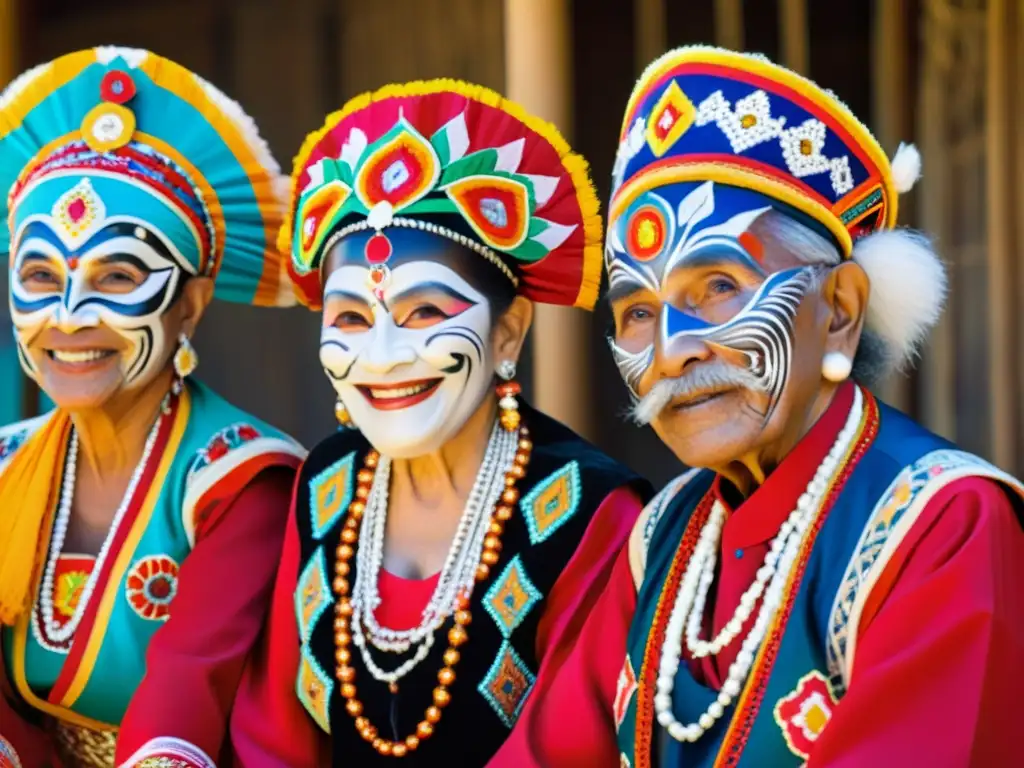 Danza de los Viejitos Michoacán significado: Grupo de bailarines ancianos en trajes coloridos y máscaras alegres, irradiando alegría y sabiduría