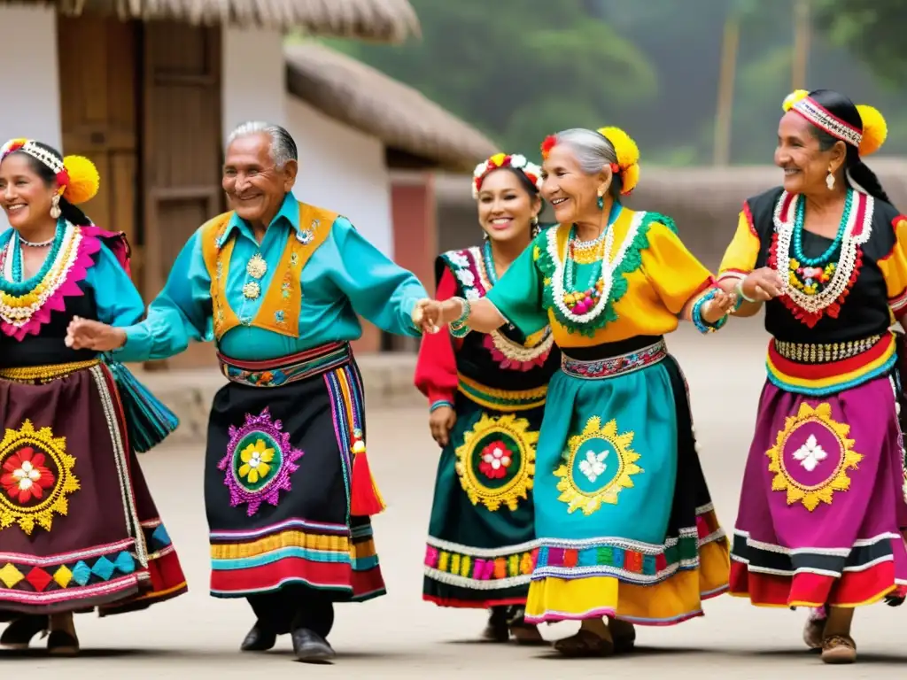 Danza de los Viejos Guatemala: Grupo de bailarines guatemaltecos de avanzada edad vistiendo trajes tradicionales coloridos, danzando con gracia y alegría en una plaza pintoresca