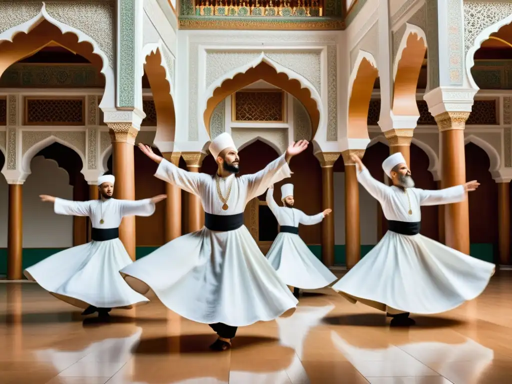 Danza Whirling Dervish: grupo girando con gracia en una mezquita histórica, evocando reverencia y riqueza cultural