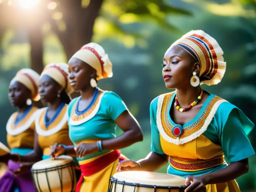 Danza Yoruba: grupo danzantes con atuendos vibrantes en un claro soleado