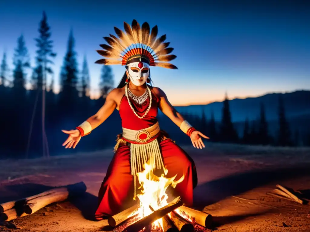 Un chamán danzante con traje tradicional y tocado realiza un ritual alrededor de una fogata, capturando el significado cultural de la danza chamánica