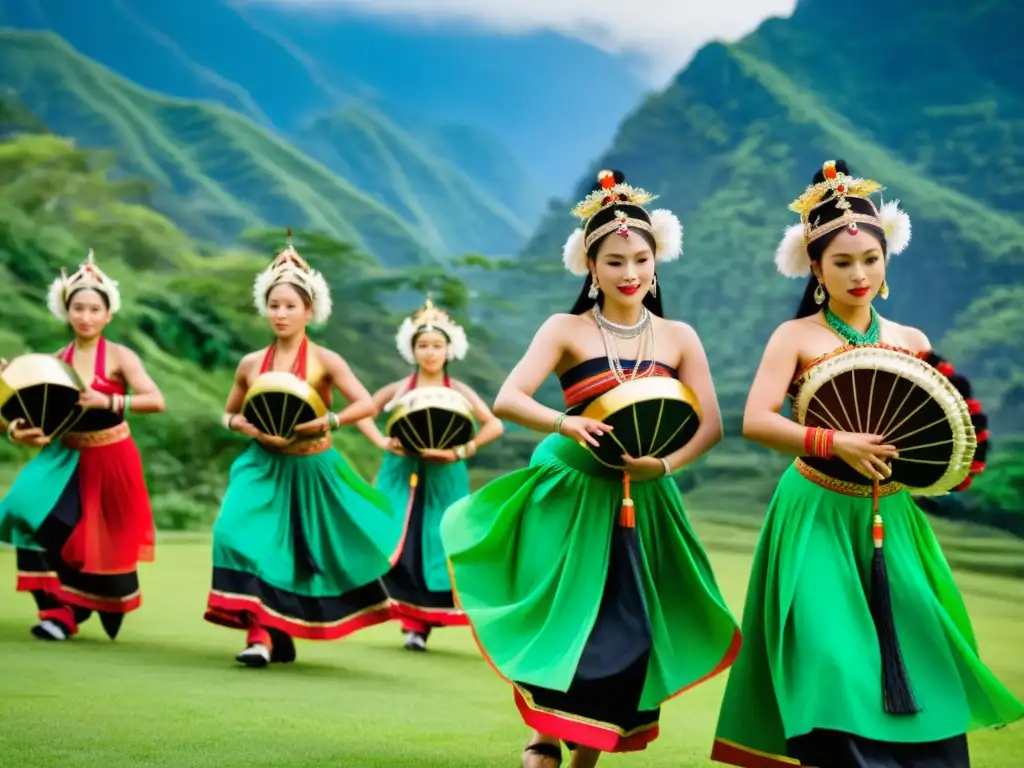 Danzantes asiáticos en coloridos trajes, danzando al ritmo de músicos con instrumentos tradicionales, preservando la música en danzas tribales