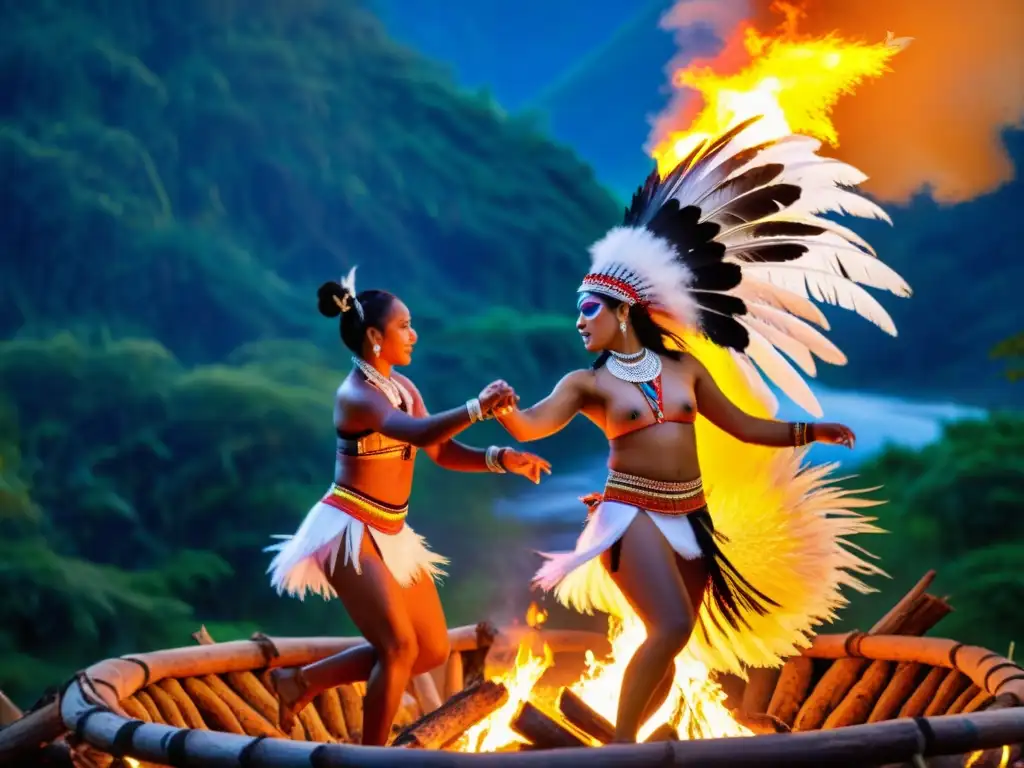 Danza ceremonial indígena alrededor del fuego Danzantes en atuendos indígenas realizan una ceremonia alrededor de una fogata, mostrando adaptaciones modernas en danzas ancestrales