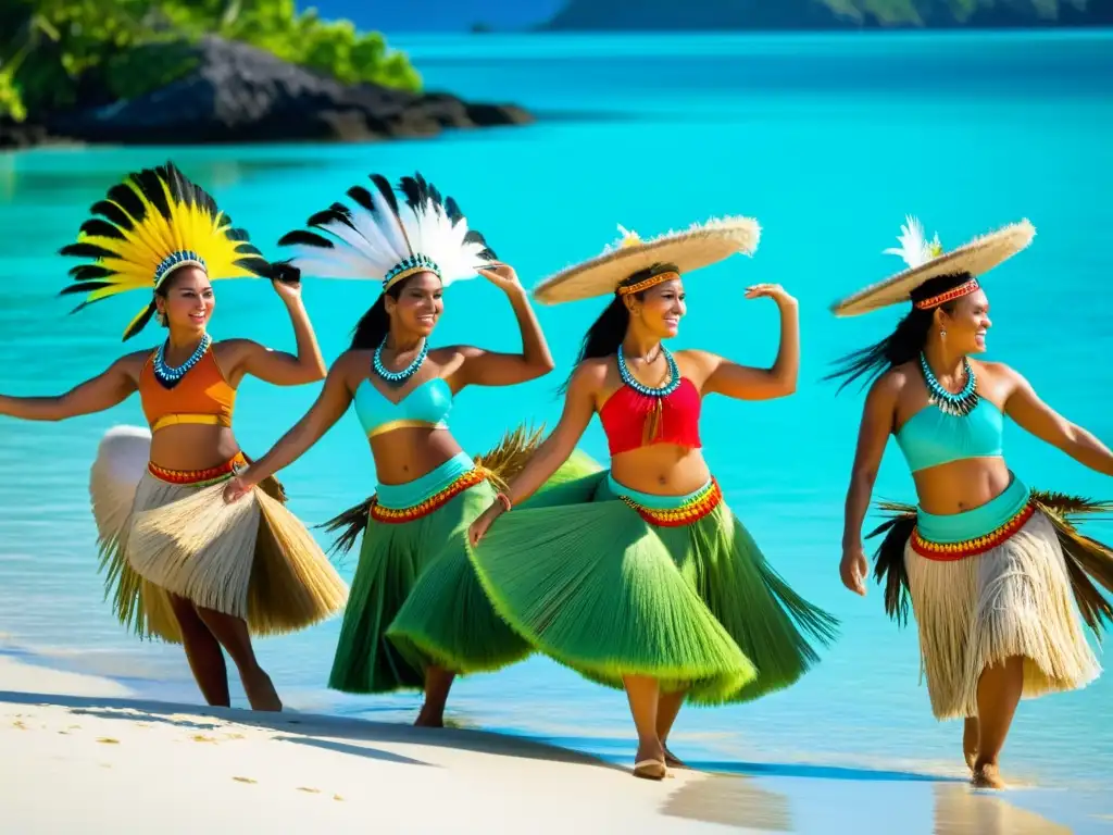 Danzantes del Baile Tradicional en la Danza del Canoa en Islas Salomón, expresando pasión y orgullo en la exuberante playa