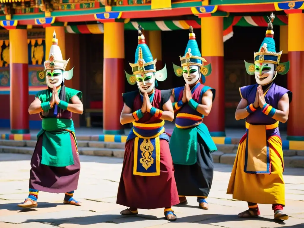 Danzantes enmascarados realizan baile ritual en templo de Bután, capturando el significado cultural de las máscaras en Bután