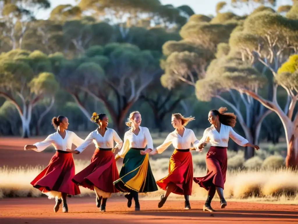 Danzantes folclóricos australianos realizan una rutina vibrante en el outback, fusionando influencias europeas e indígenas