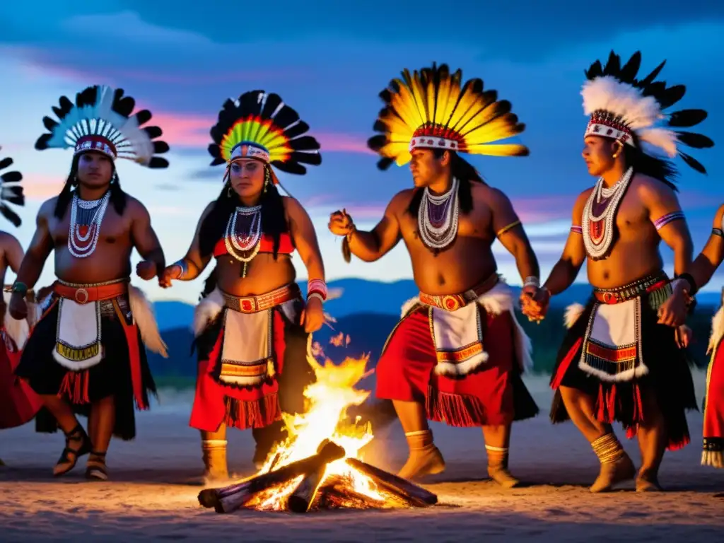 Danzantes indígenas realizan ancestral ceremonia alrededor de fogata, en vibrantes atuendos