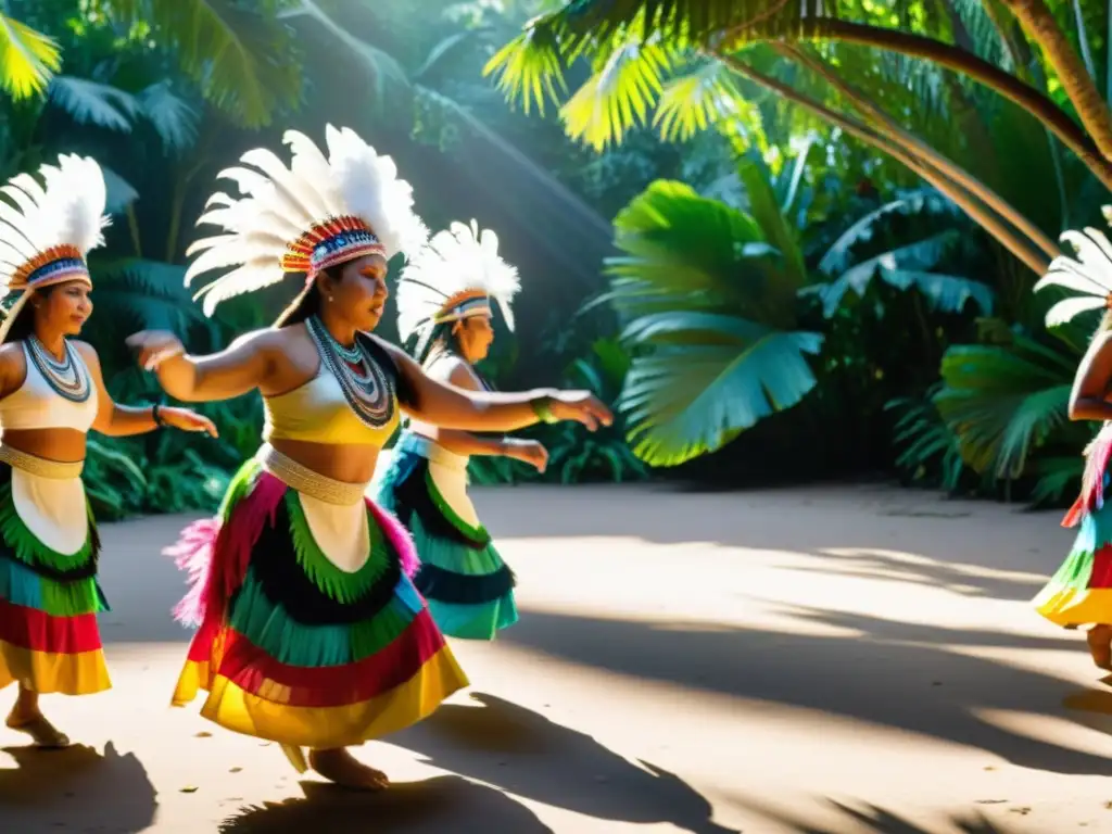 Danzantes indígenas con atuendos tradicionales danzan en la selva, transmitiendo significación de danzas nativas en un mundo globalizado