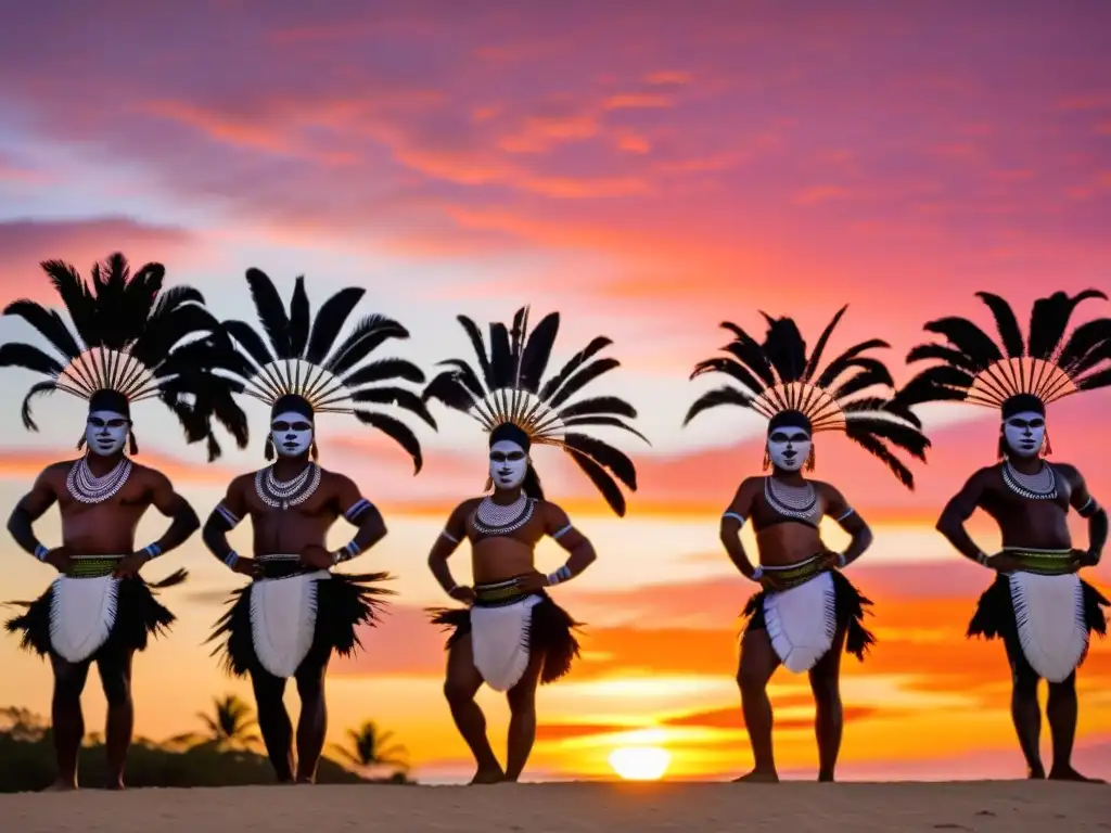 Danzantes indígenas de las islas Torres ejecutan la tradicional Warup al atardecer, con vestimentas ceremoniales y pintura corporal vibrante, en un escenario de palmeras silueteadas y un cielo anaranjado y rosado