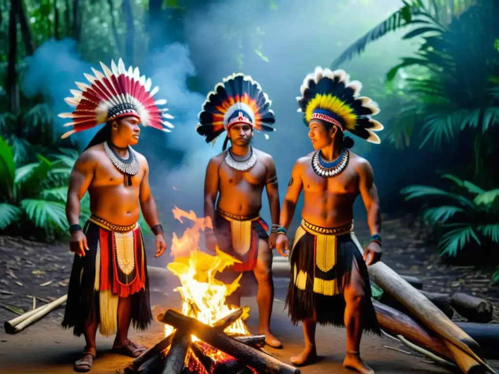 Danzantes indígenas en trajes tradicionales alrededor de una fogata en la selva, evocando la protección legal de danzas tradicionales