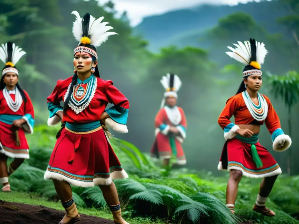 Danzantes indígenas en trajes tradicionales realizan ritual en el bosque