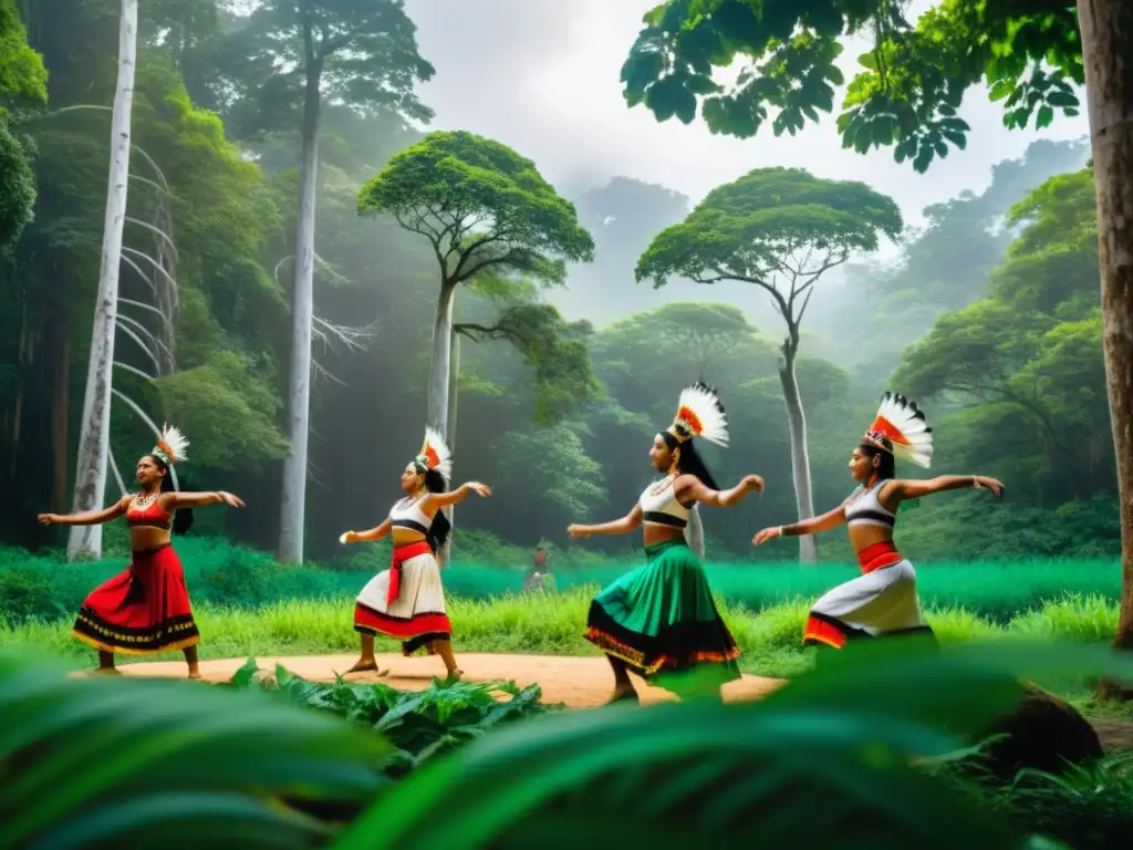 Danzantes indígenas en trajes tradicionales realizando una danza sagrada en un claro de bosque exuberante