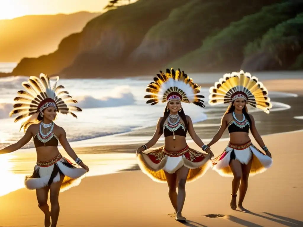 Danzantes indígenas en trajes tradicionales realizando una danza ceremonial al atardecer en la playa del Pacífico