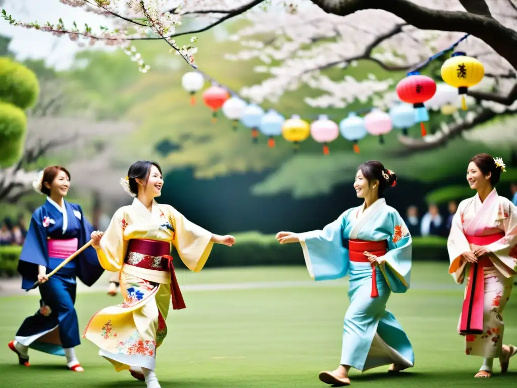 Danzantes japoneses en yukatas y happi coats realizan el Bon Odori, con faroles y sakuras