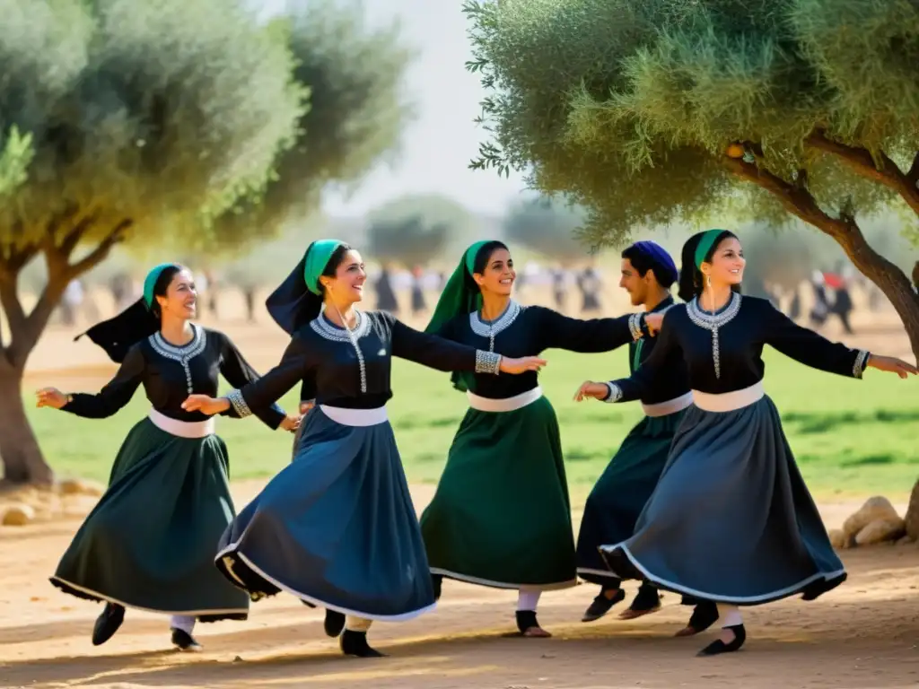 Danzantes palestinos realizan la Dabke en un olivar, transmitiendo significado cultural y esperanza