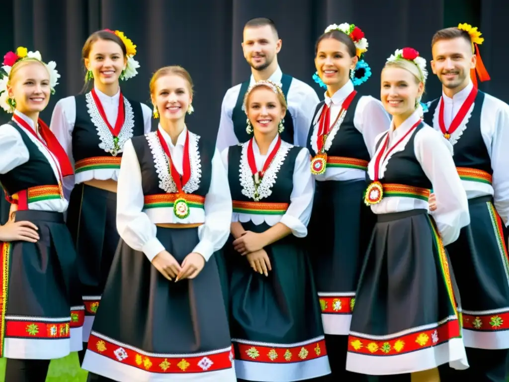 Danzantes polacos en trajes tradicionales con fajas florales, mostrando el significado cultural de accesorios de danzas