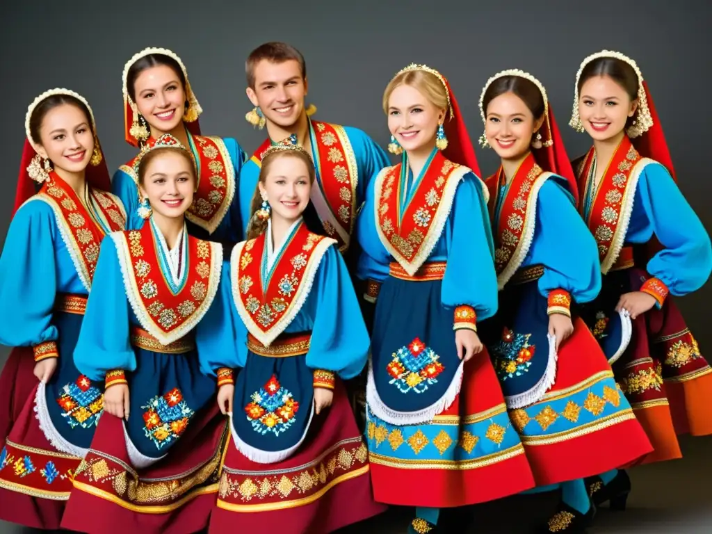 Danzantes rusos con trajes tradicionales en rojo, dorado y azul