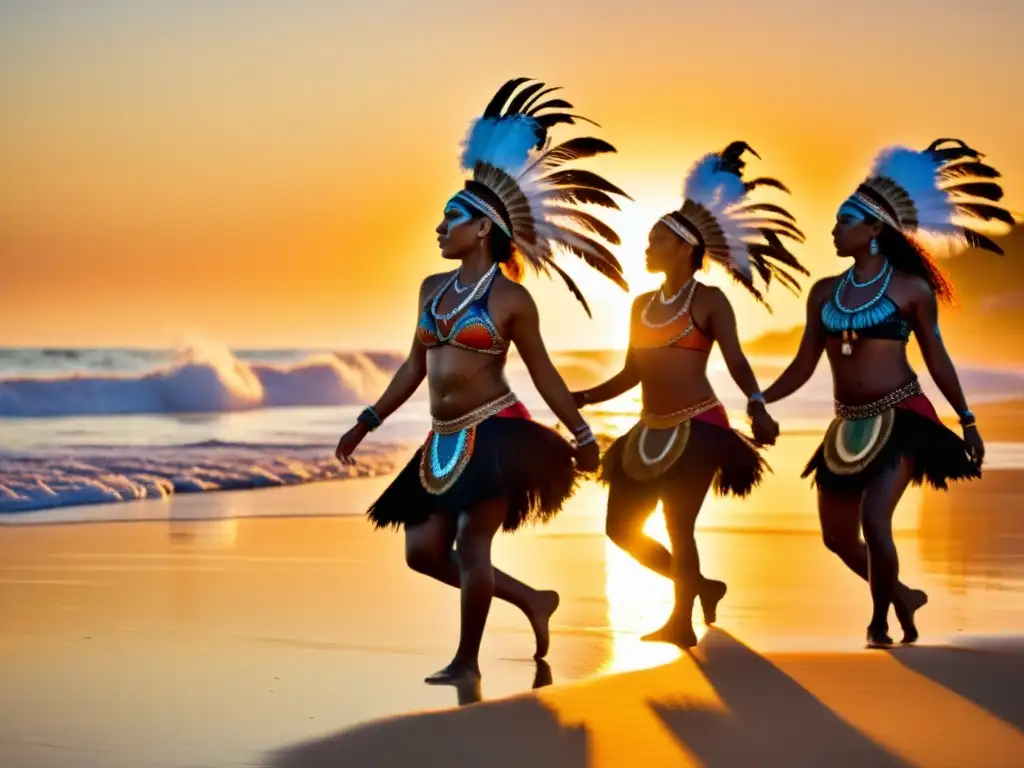 Danzantes de Oceanía realizan una sanadora danza ritual en la playa al atardecer, invocando espíritus ancestrales