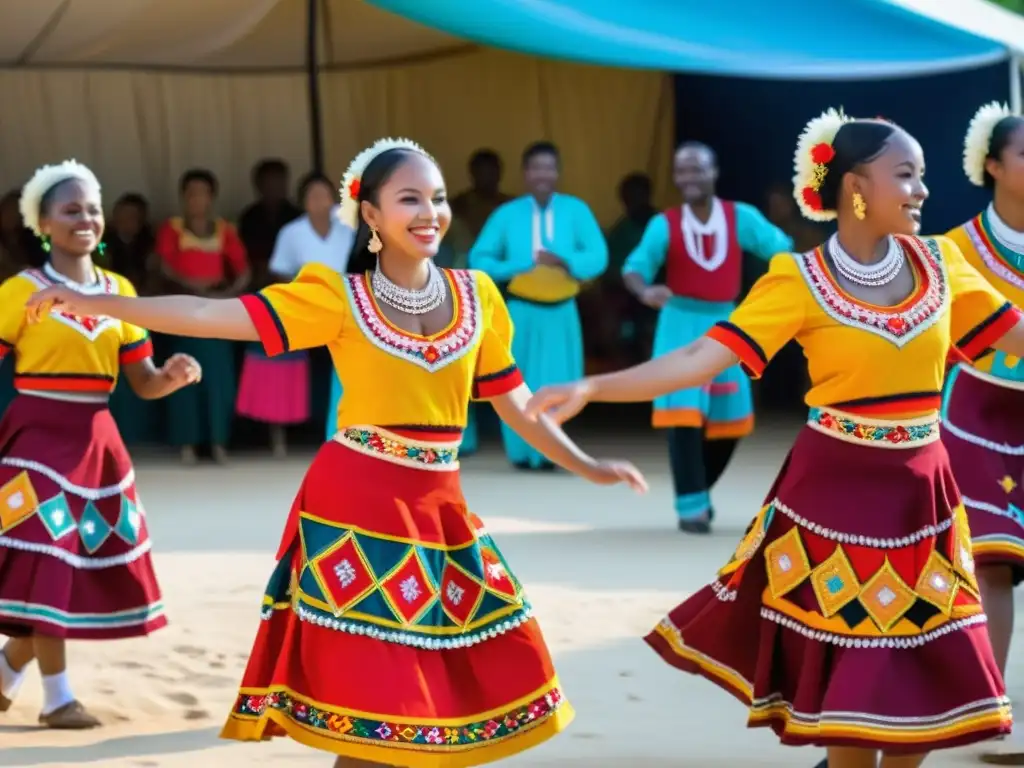 Danzantes tradicionales con trajes vibrantes y movimientos sincronizados, reflejando la relación música vestimenta danzas tradicionales