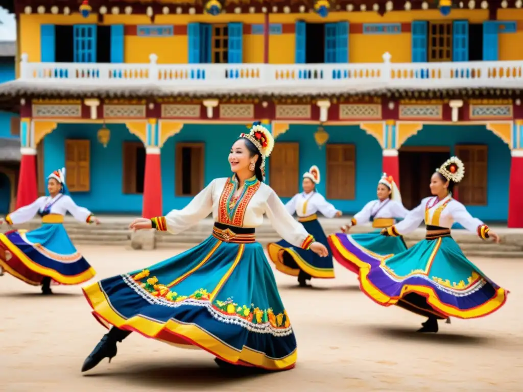 Danzantes con trajes coloridos y detallados en plaza histórica