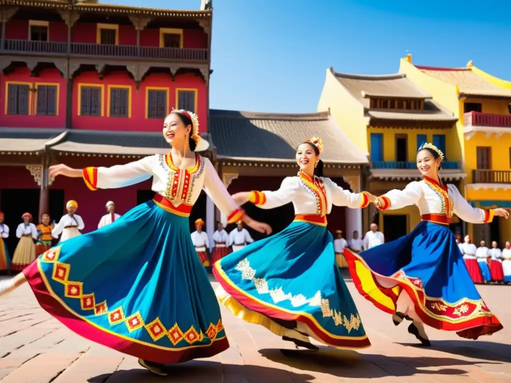 Danzantes con trajes tradicionales coloridos bailan en una plaza llena de vida, reflejando la rica herencia cultural