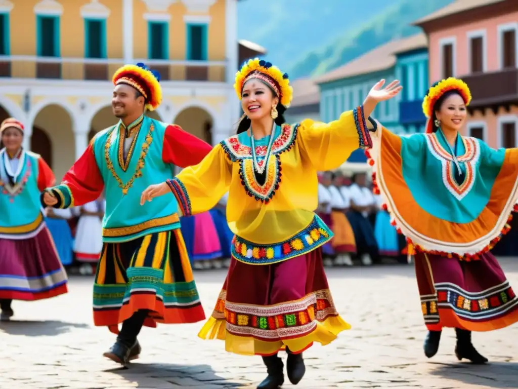 Danzantes en trajes tradicionales coloridos celebran su herencia cultural en una plaza histórica