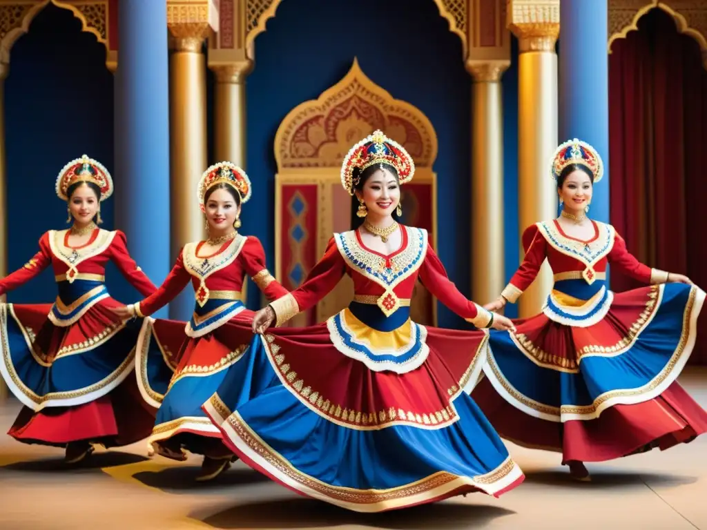 Danzantes con trajes vibrantes y expresiones alegres, evocando la Psicología del color en danzas tradicionales