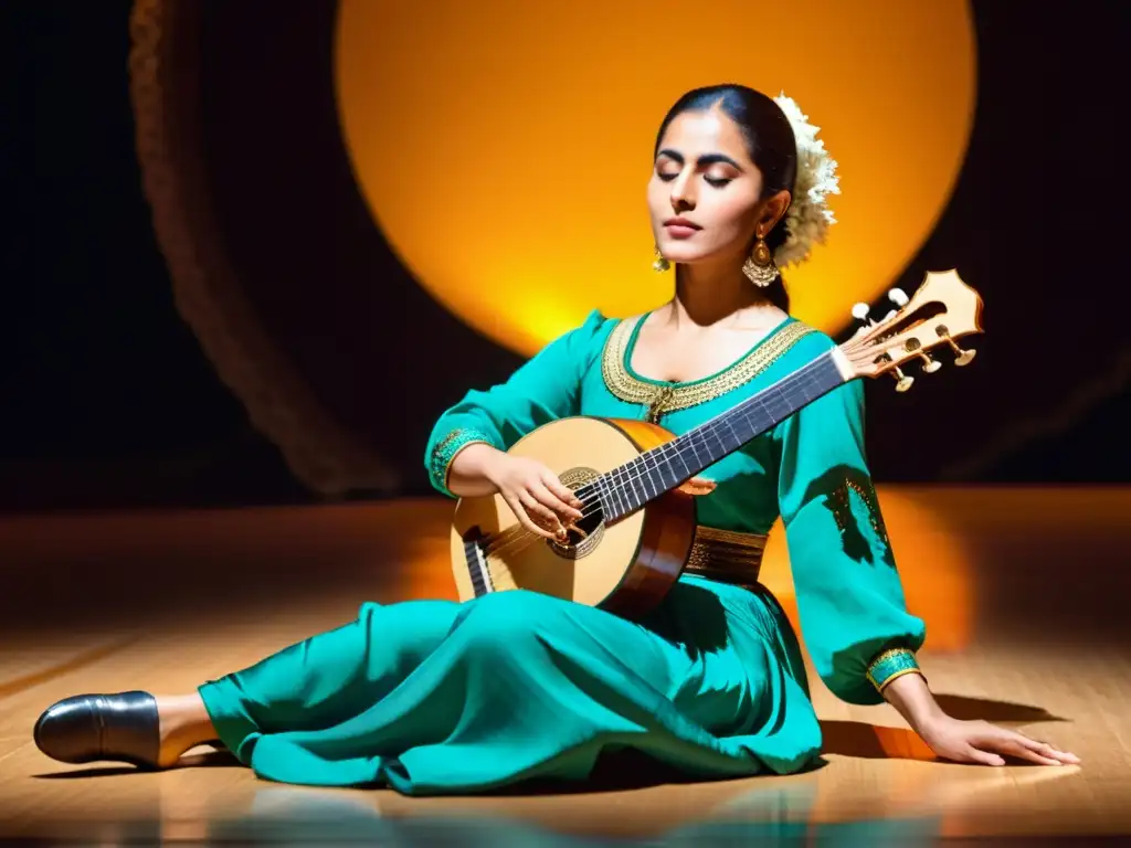 Una danzarina árabe con influencia del oud, cautivando con su gracia y colorido, mientras el músico toca con pasión al fondo