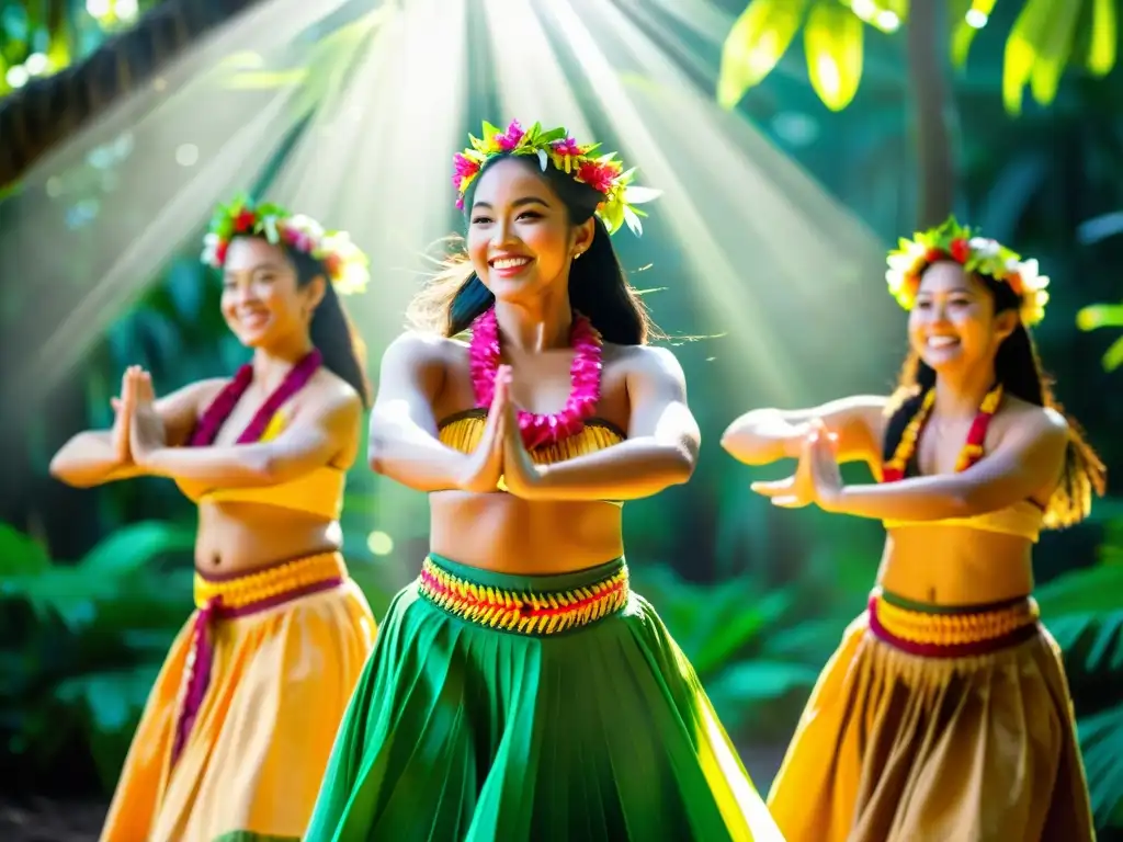 Danzarinas de hula en trajes tradicionales, realizando gráciles movimientos en un claro de selva tropical