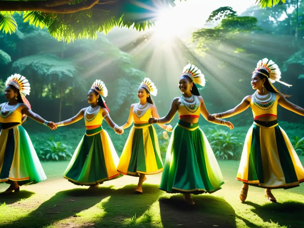 Danzarines adornados con trajes vibrantes y tradicionales realizan una danza cultural en el bosque, adaptando entrenamiento danzas tradicionales